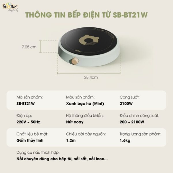 Bếp từ Bear SB-BT21W – 8 mức nhiệt lượng, đun được nhiều loại nồi, bảo hành chính hãng 18 tháng - Ảnh 2