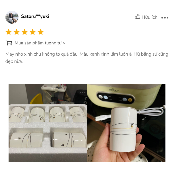 Máy này làm Yogurt thành phẩm ra nó jelly như Yogurt hộp mua ở ngoài chứ không bị kiểu nước và cái tách ra 2 lớp như tự làm. Mấy cái ly sứ cho kèm cũng dễ thương nữa. Riêng ly lớn có thêm van điều áp để xả bớt áp suất giúp mở nắp dễ hơn. Máy làm sữa chua Bear