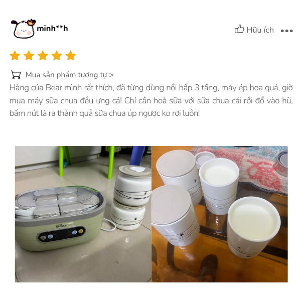 Shop tư vấn rất nhiệt tình. Máy nhìn nhỏ gọn chứ k to lắm đâu. Làm sữa chua khỏe hơn hẳn cách làm thủ công ạ. Máy làm sữa chua Bear