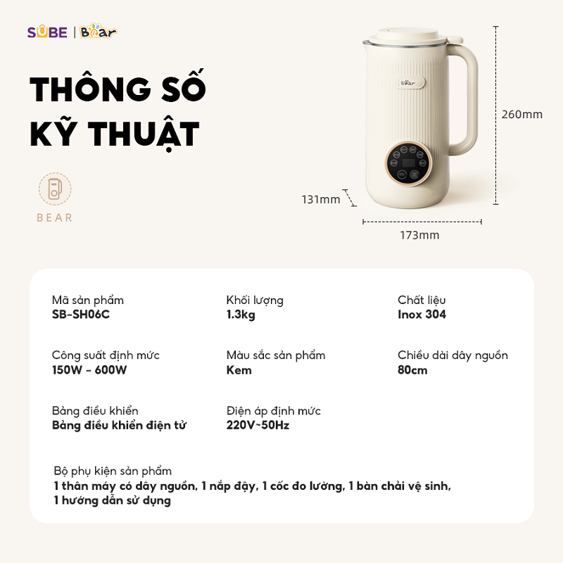 Thông tin sản phẩm máy làm sữa hạt Bear 0.6L SB-SH06C