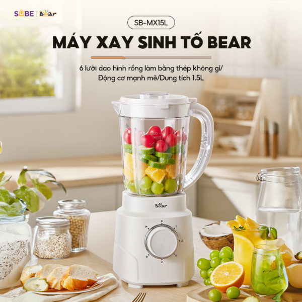 Máy xay sinh tố Bear SB-MX15L - 6 Lưỡi dao xay đa tầng, an toàn, bền bỉ