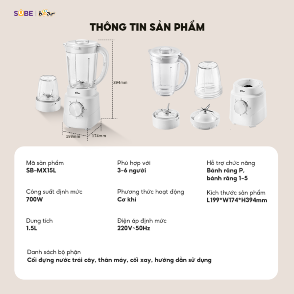 Máy xay sinh tố Bear SB-MX15L - 6 Lưỡi dao xay đa tầng, an toàn, bền bỉ - Ảnh 12