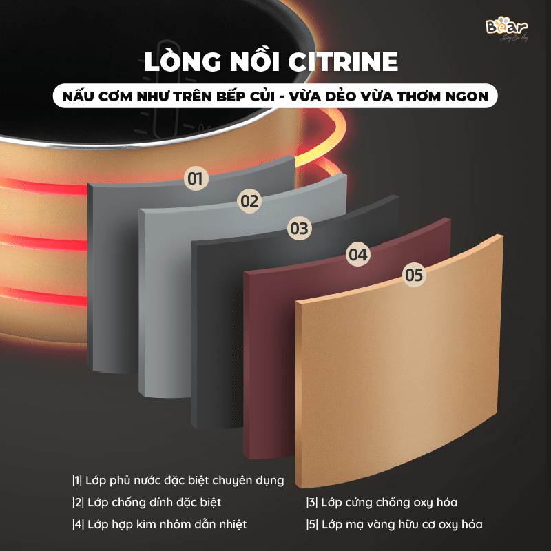 Lòng nồi 5 lớp siêu bền với thời gian Lòng nồi 5 lớp siêu bền với thời gian
