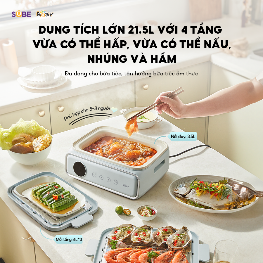 Nồi hấp Bear DZG-P20W7 có 4 tầng hấp Nồi hấp Bear DZG-P20W7 có 4 tầng hấp