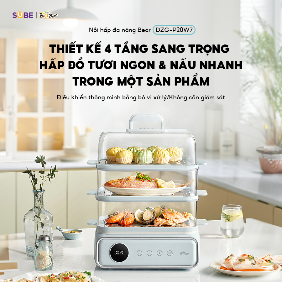Chiếc nồi gây ấn tượng với người dùng nhờ tiết kiệm chi phí và tối ưu không gian bếp Nhiều chức năng và chế độ nấu tiện lợi của nồi hấp Bear