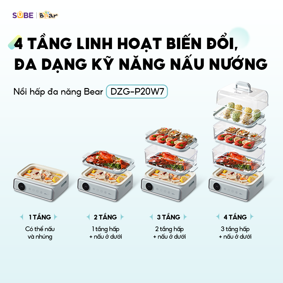 Nồi hấp Bear có nhiều tầng thoải mái cho người dùng lựa chọn Tiêu chí về dung tích và số tầng hấp của nồi Bear