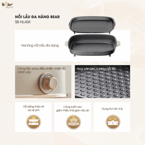 [Ưu đãi 300K + Freeship] Nồi lẩu nướng đa năng Bear SB-NL45K, dung tích 4.5L | Bảo hành 18 tháng - Ảnh 5