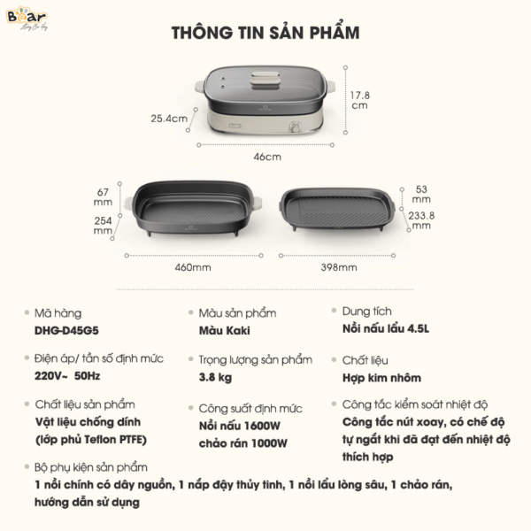 [Ưu đãi 300K + Freeship] Nồi lẩu nướng đa năng Bear SB-NL45K, dung tích 4.5L | Bảo hành 18 tháng - Ảnh 3