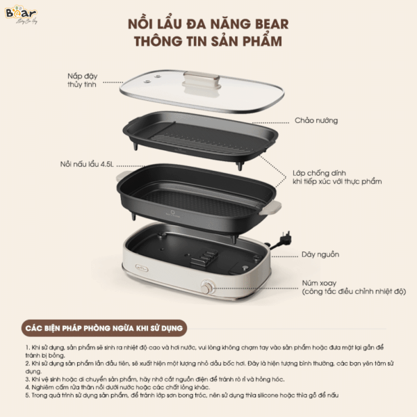 [Ưu đãi 300K + Freeship] Nồi lẩu nướng đa năng Bear SB-NL45K, dung tích 4.5L | Bảo hành 18 tháng - Ảnh 4
