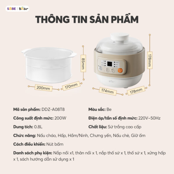 Nồi nấu chậm Bear 0.8L DDZ-A08T8 - Ảnh 14
