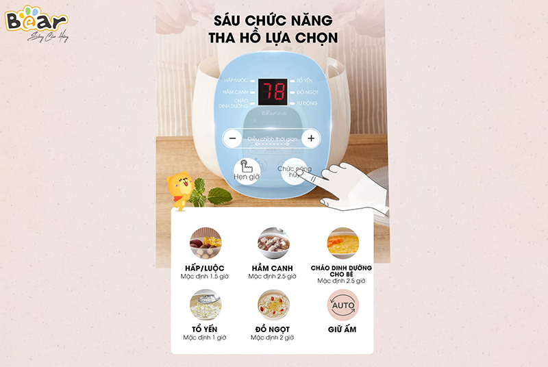 Nồi nấu chậm Bear 0.8l SUBE001 có 6 chức năng nồi nấu chậm Bear 0.8l SUBE001