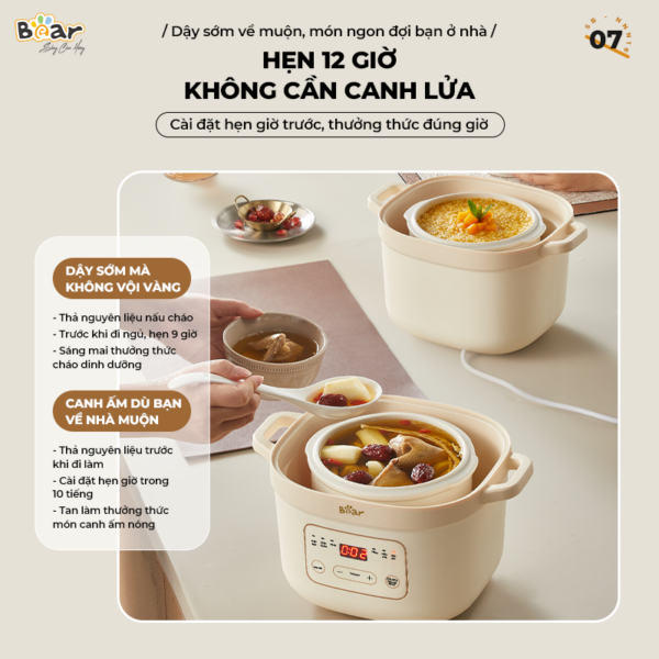 Nồi nấu cháo chậm Bear 1.6L vuông SB-NNC16 - Ảnh 11