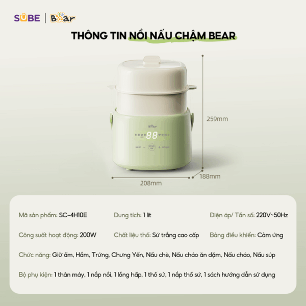 Nồi nấu chậm Bear 1L SC-4H10E, tặng kèm xửng hấp - Ảnh 14
