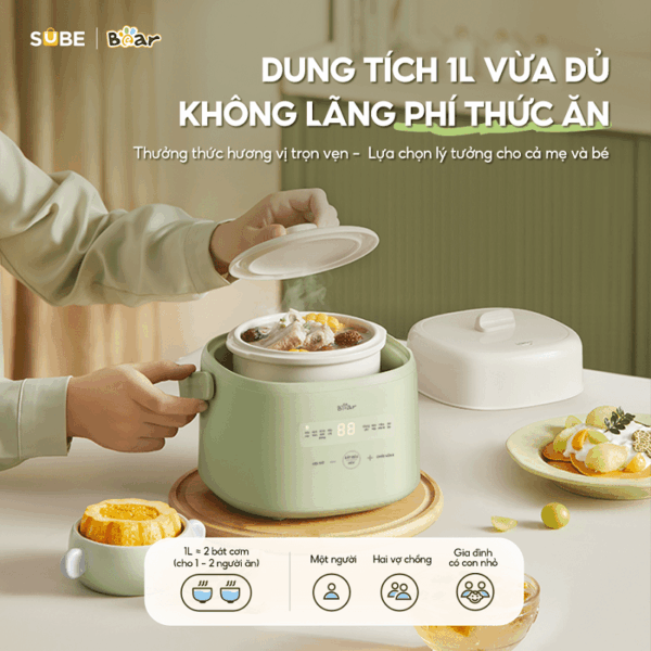 Nồi nấu chậm Bear 1L SC-4H10E, tặng kèm xửng hấp - Ảnh 9