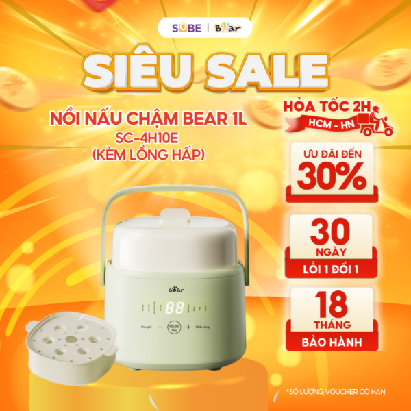 Nồi nấu chậm Bear 1L SC-4H10E, tặng kèm xửng hấp