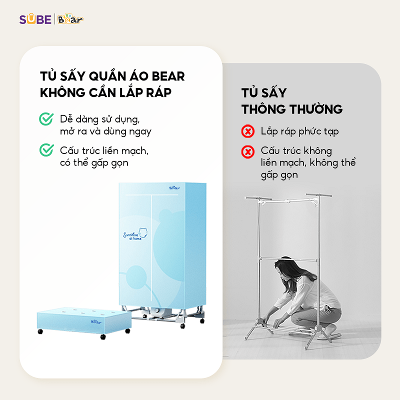 Tủ sấy quần áo Bear không cần lắp đặt, chỉ cần gấp gọn sau khi sử dụng